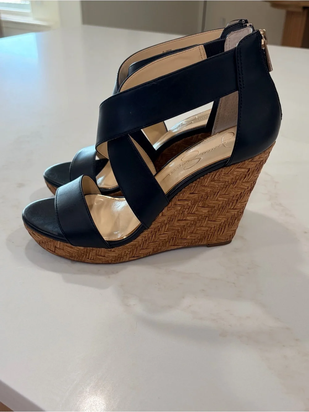 Jessica Simpson Black Crisscross Wedge Sandals with Woven Tan Platform
